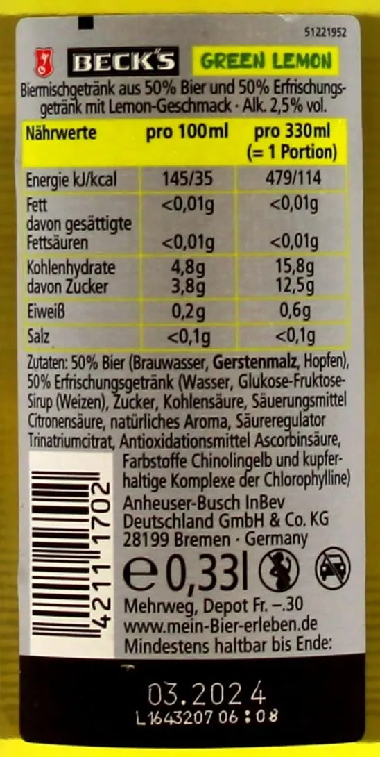 Beck's Green Lemon Radler 24x0,33l Kasten spritzig