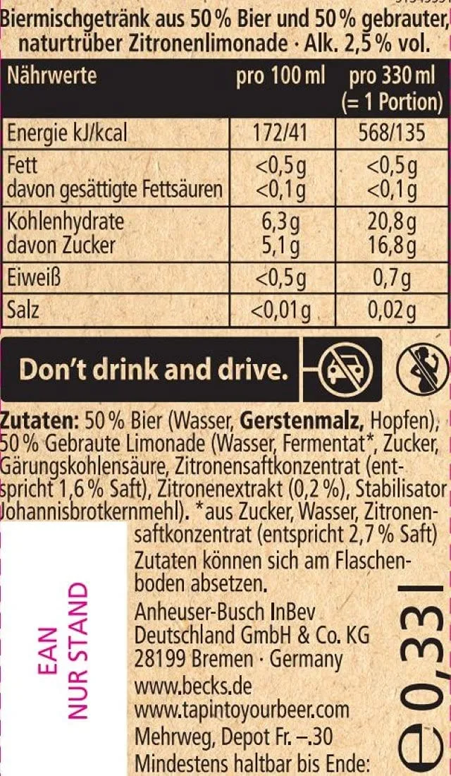 Beck's Lemon Brew Radler 24x0,33l Kasten Zitrone